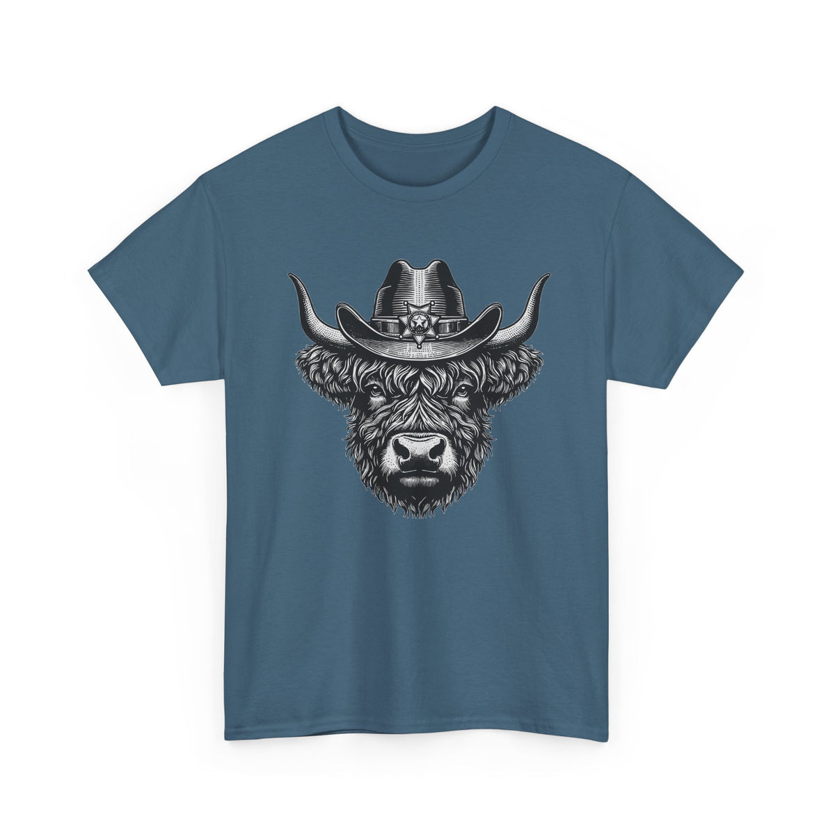 Indigo blue Highland cow cowboy hat t-shirt with vintage engraved cow in a sheriff hat