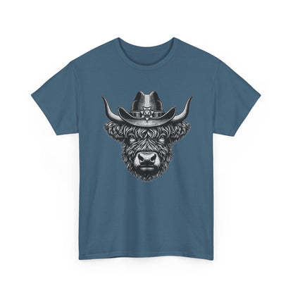 Indigo blue Highland cow cowboy hat t-shirt with vintage engraved cow in a sheriff hat