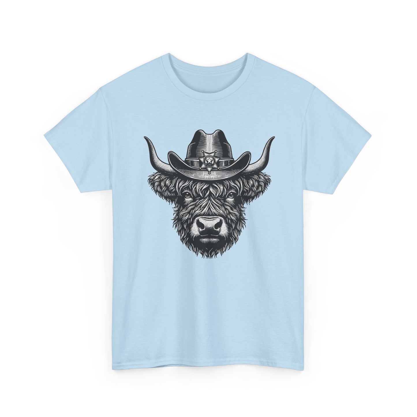 Light blue Highland cow cowboy hat t-shirt with vintage engraved cow in a sheriff hat