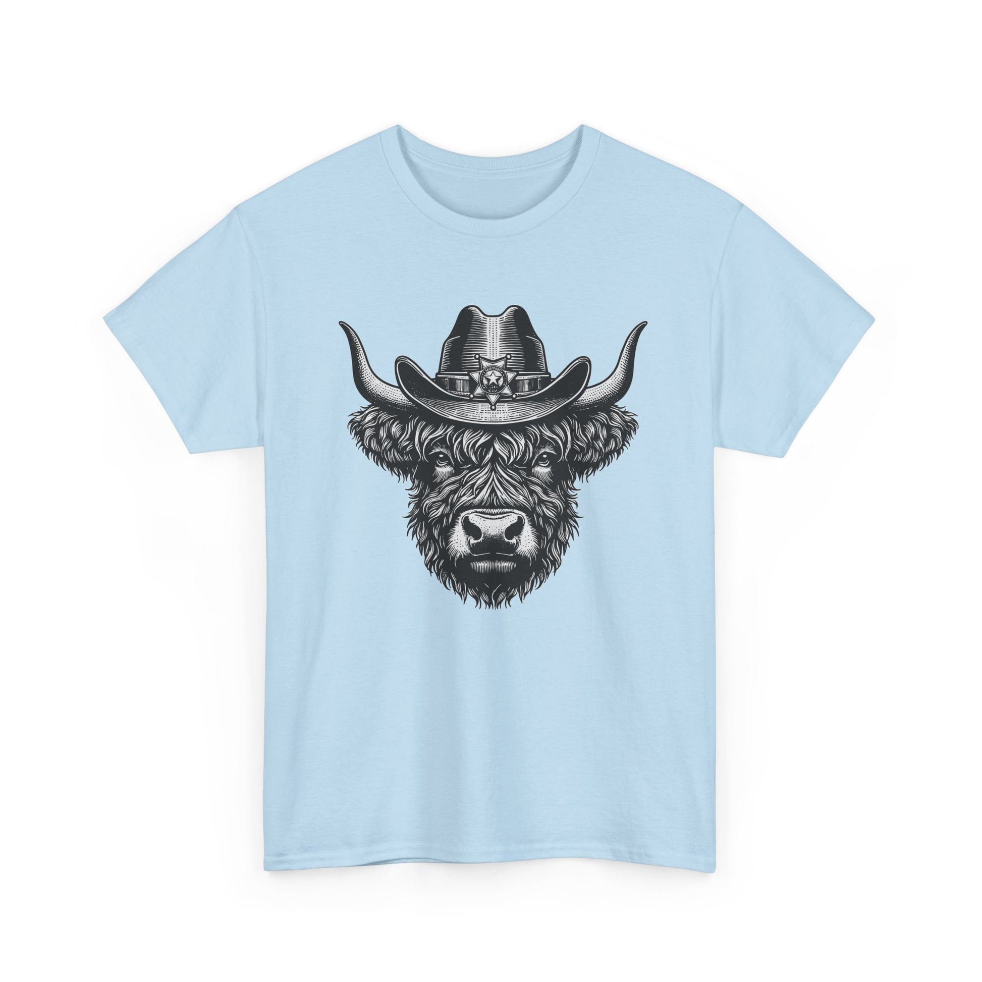 Light blue Highland cow cowboy hat t-shirt with vintage engraved cow in a sheriff hat