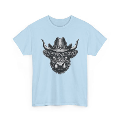 Light blue Highland cow cowboy hat t-shirt with vintage engraved cow in a sheriff hat