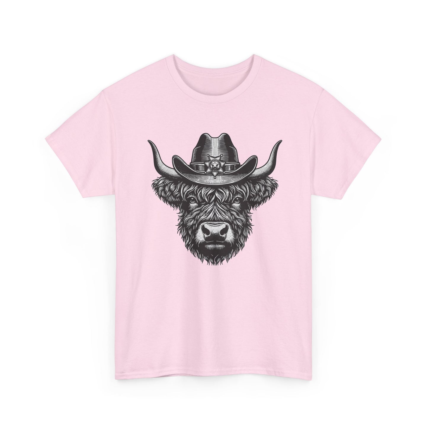 Light pink Highland cow cowboy hat t-shirt with vintage engraved cow in a sheriff hat