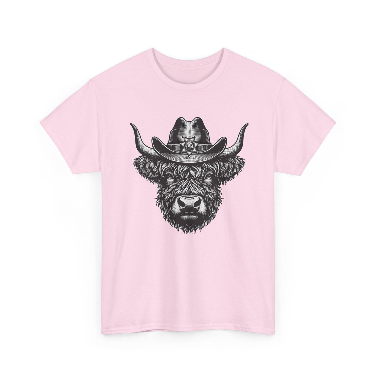 Light pink Highland cow cowboy hat t-shirt with vintage engraved cow in a sheriff hat