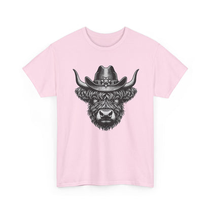 Light pink Highland cow cowboy hat t-shirt with vintage engraved cow in a sheriff hat