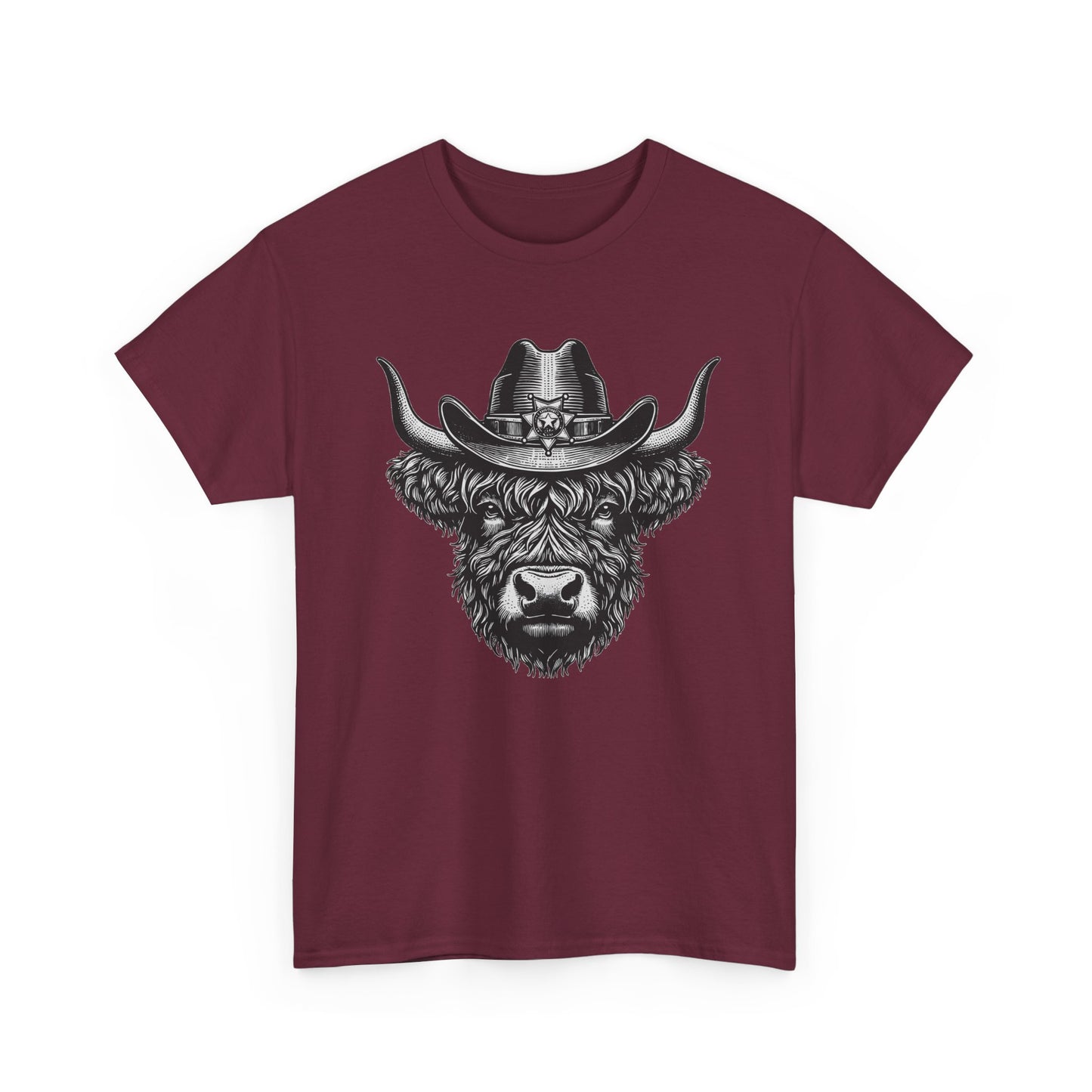 Maroon Highland cow cowboy hat t-shirt with vintage engraved cow in a sheriff hat