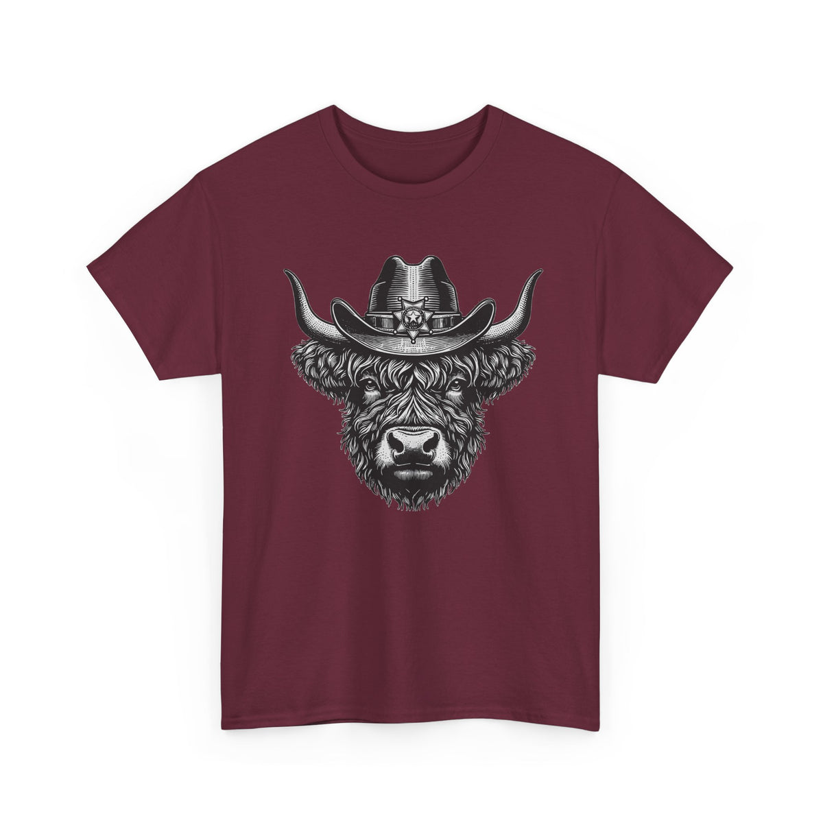 Maroon Highland cow cowboy hat t-shirt with vintage engraved cow in a sheriff hat