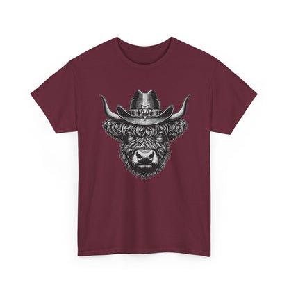 Maroon Highland cow cowboy hat t-shirt with vintage engraved cow in a sheriff hat
