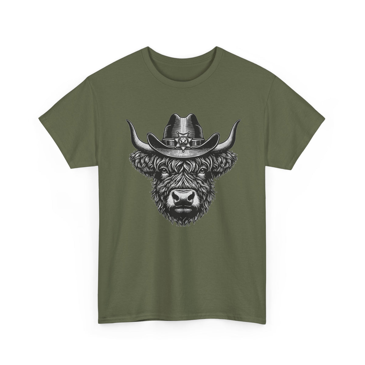 Military green Highland cow cowboy hat t-shirt with vintage engraved cow in a sheriff hat