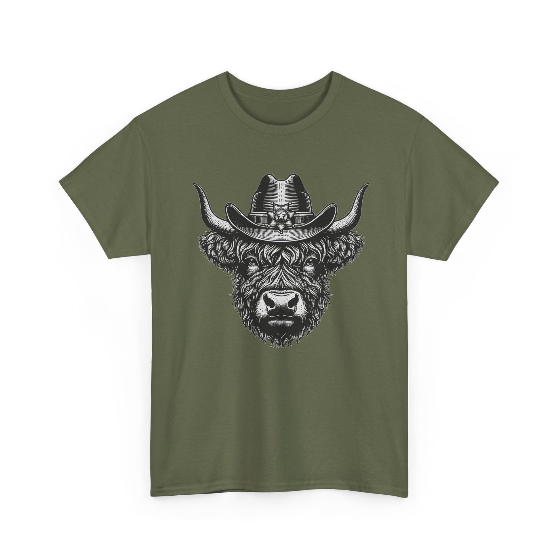Military green Highland cow cowboy hat t-shirt with vintage engraved cow in a sheriff hat