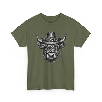Military green Highland cow cowboy hat t-shirt with vintage engraved cow in a sheriff hat