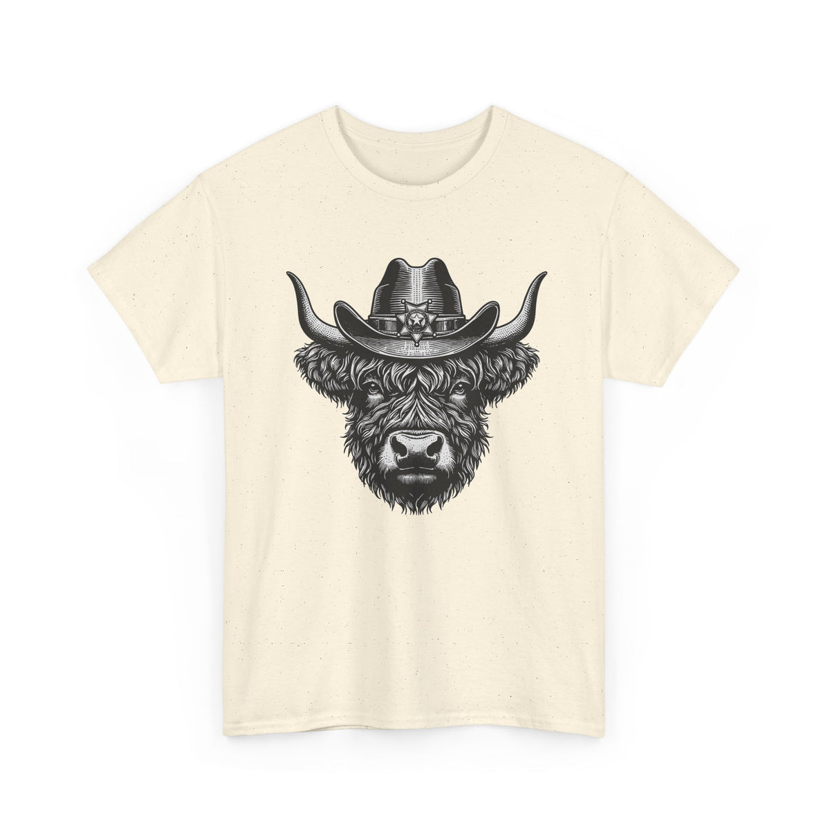 Natural Highland cow cowboy hat t-shirt with vintage engraved cow in a sheriff hat