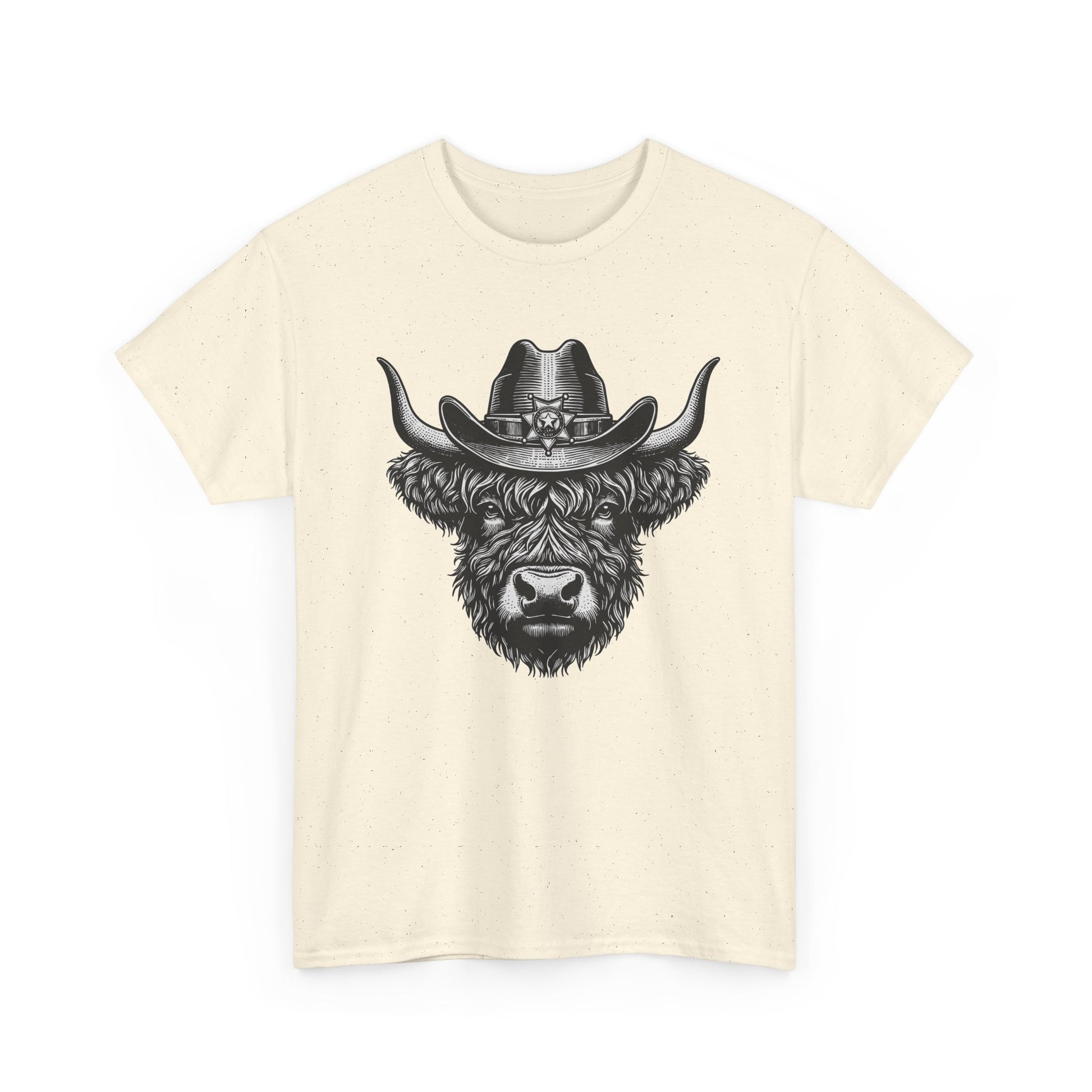 Natural Highland cow cowboy hat t-shirt with vintage engraved cow in a sheriff hat