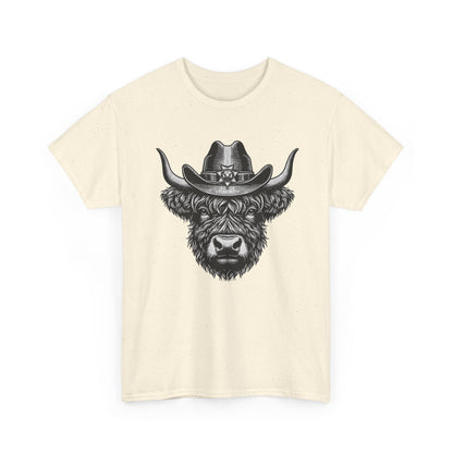 Natural Highland cow cowboy hat t-shirt with vintage engraved cow in a sheriff hat