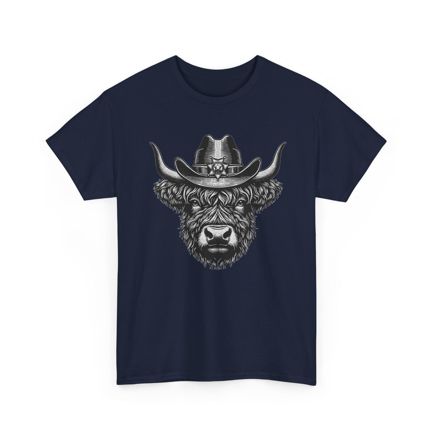 Navy Highland cow cowboy hat t-shirt with vintage engraved cow in a sheriff hat