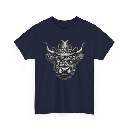Navy Highland cow cowboy hat t-shirt with vintage engraved cow in a sheriff hat