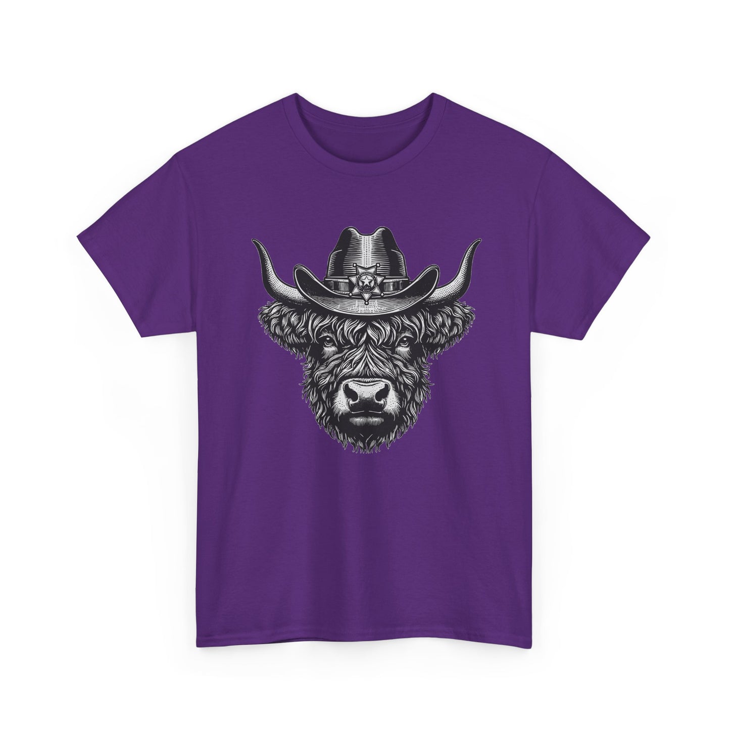 Purple Highland cow cowboy hat t-shirt with vintage engraved cow in a sheriff hat