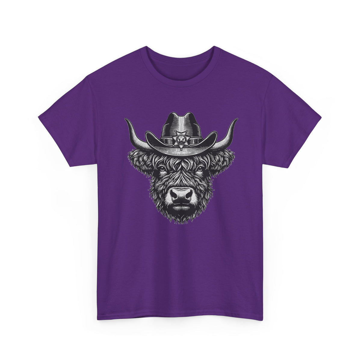 Purple Highland cow cowboy hat t-shirt with vintage engraved cow in a sheriff hat