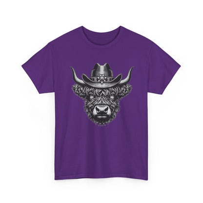 Purple Highland cow cowboy hat t-shirt with vintage engraved cow in a sheriff hat