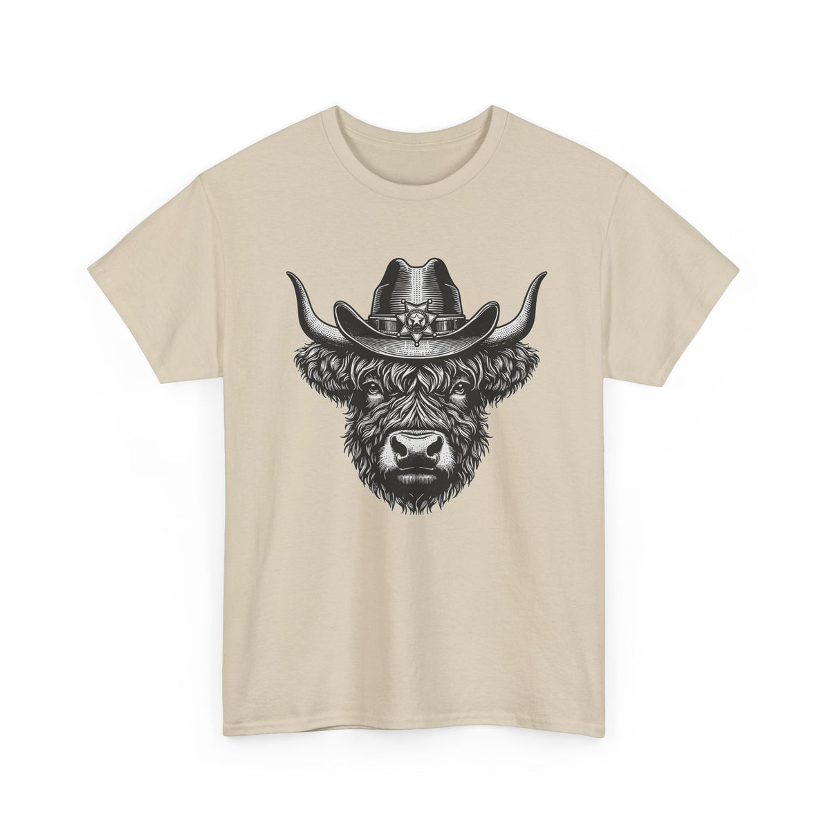 Sand Highland cow cowboy hat t-shirt with vintage engraved cow in a sheriff hat