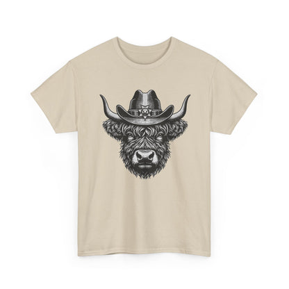 Sand Highland cow cowboy hat t-shirt with vintage engraved cow in a sheriff hat