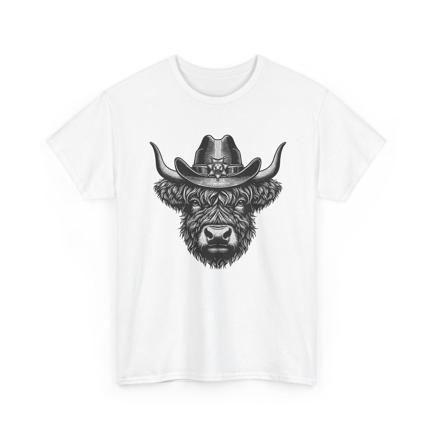 White Highland cow cowboy hat t-shirt with vintage engraved cow in a sheriff hat