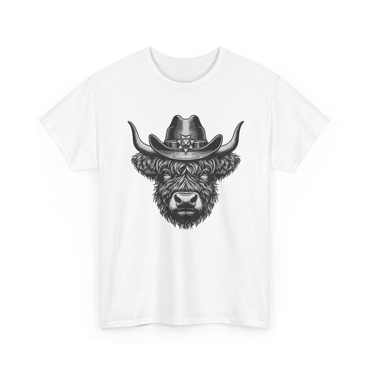White Highland cow cowboy hat t-shirt with vintage engraved cow in a sheriff hat