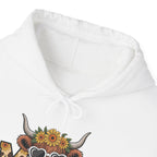 Highland Cow Mom Sunflower Leopard Hoodie, front collar close-up