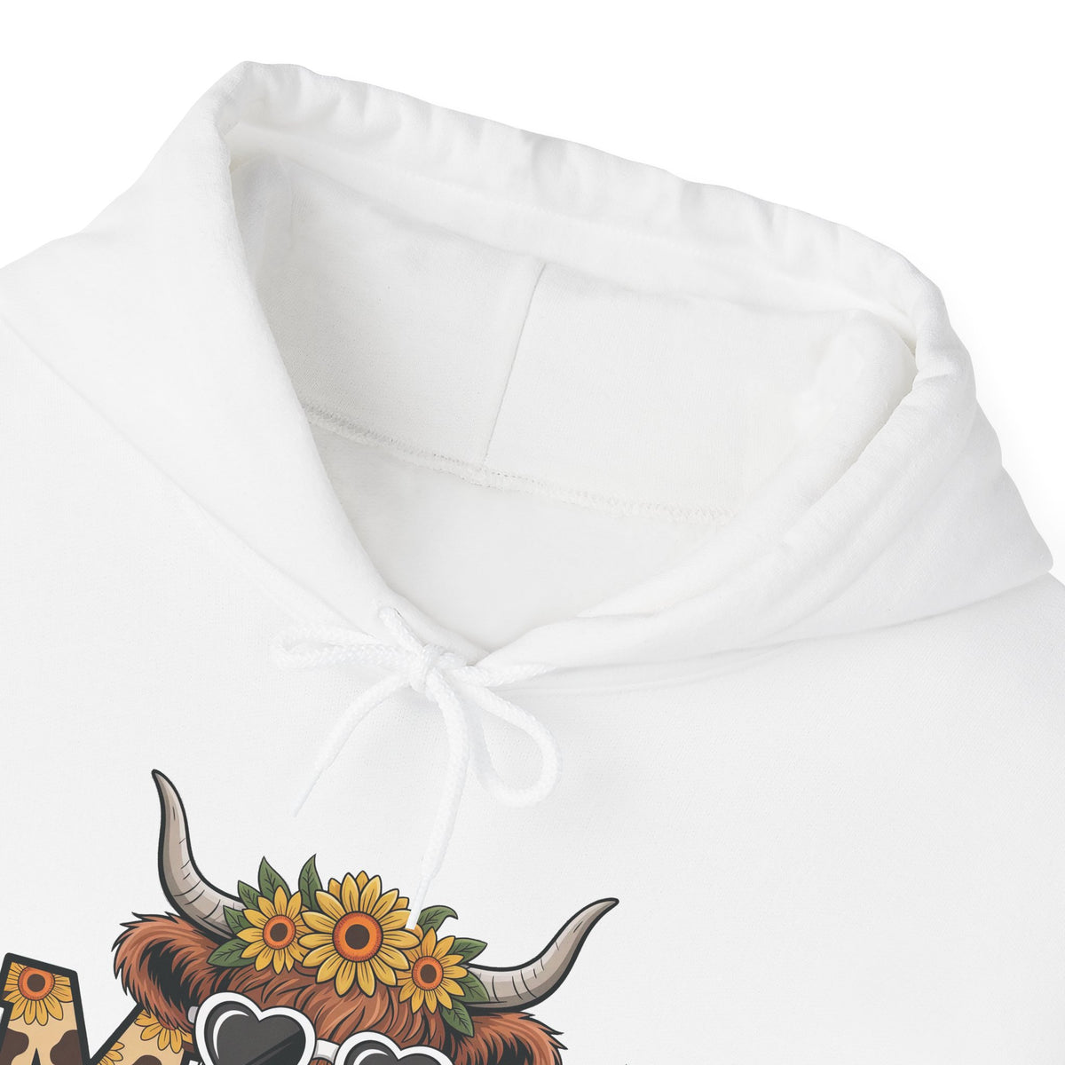 Highland Cow Mom Sunflower Leopard Hoodie, front collar close-up