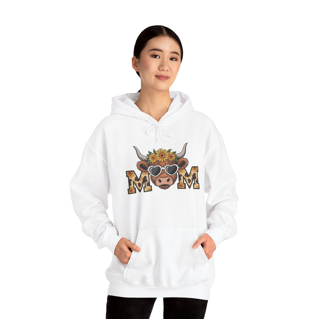 Woman wearing the White Highland Cow Mom Sunflower Leopard Hoodie