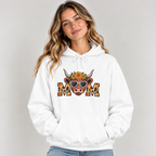 Woman wearing the White Highland Cow Mom Sunflower Leopard Hoodie with jeans