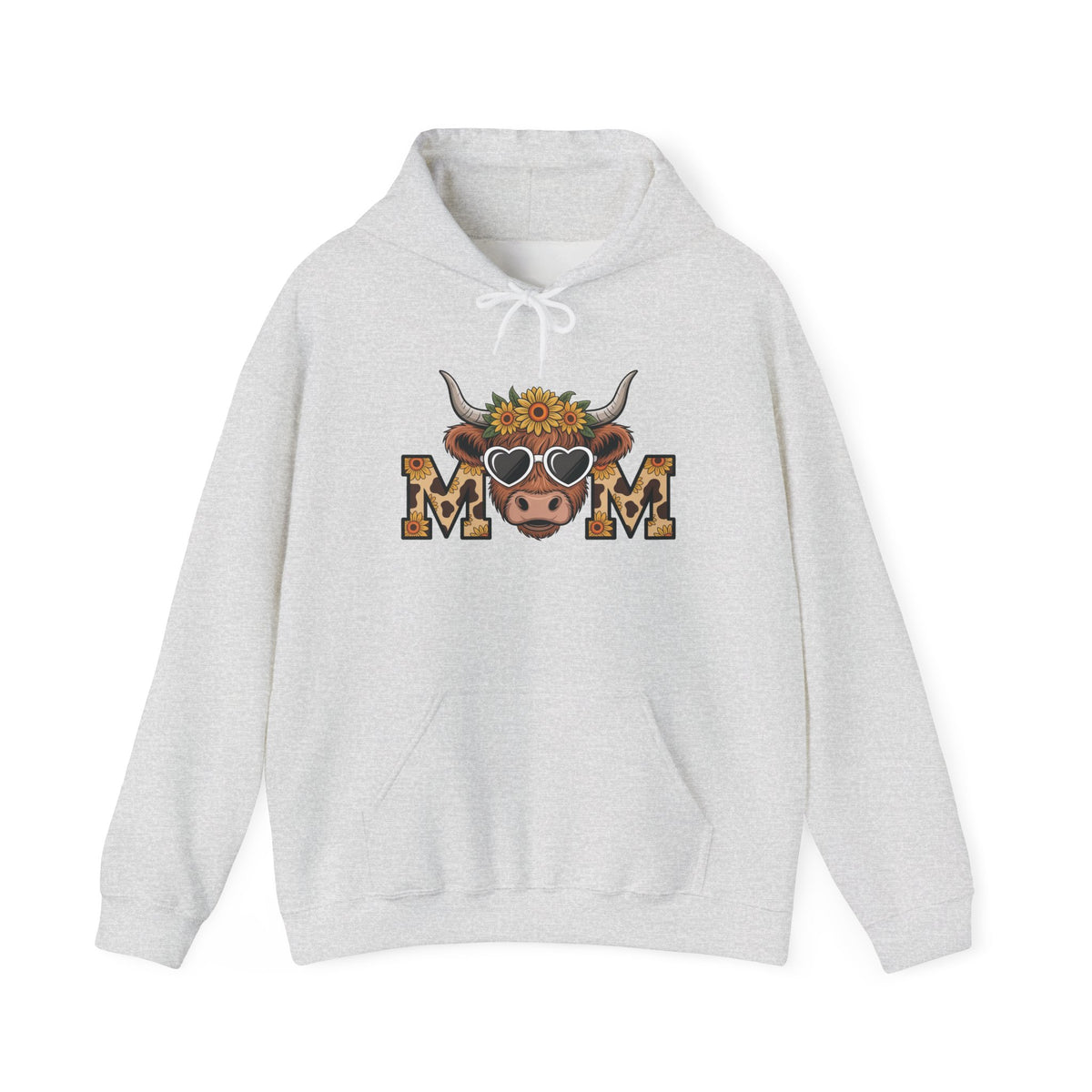 Ash Highland Cow Mom hoodie with a sunflower highland cow and leopard print MOM letters, front view