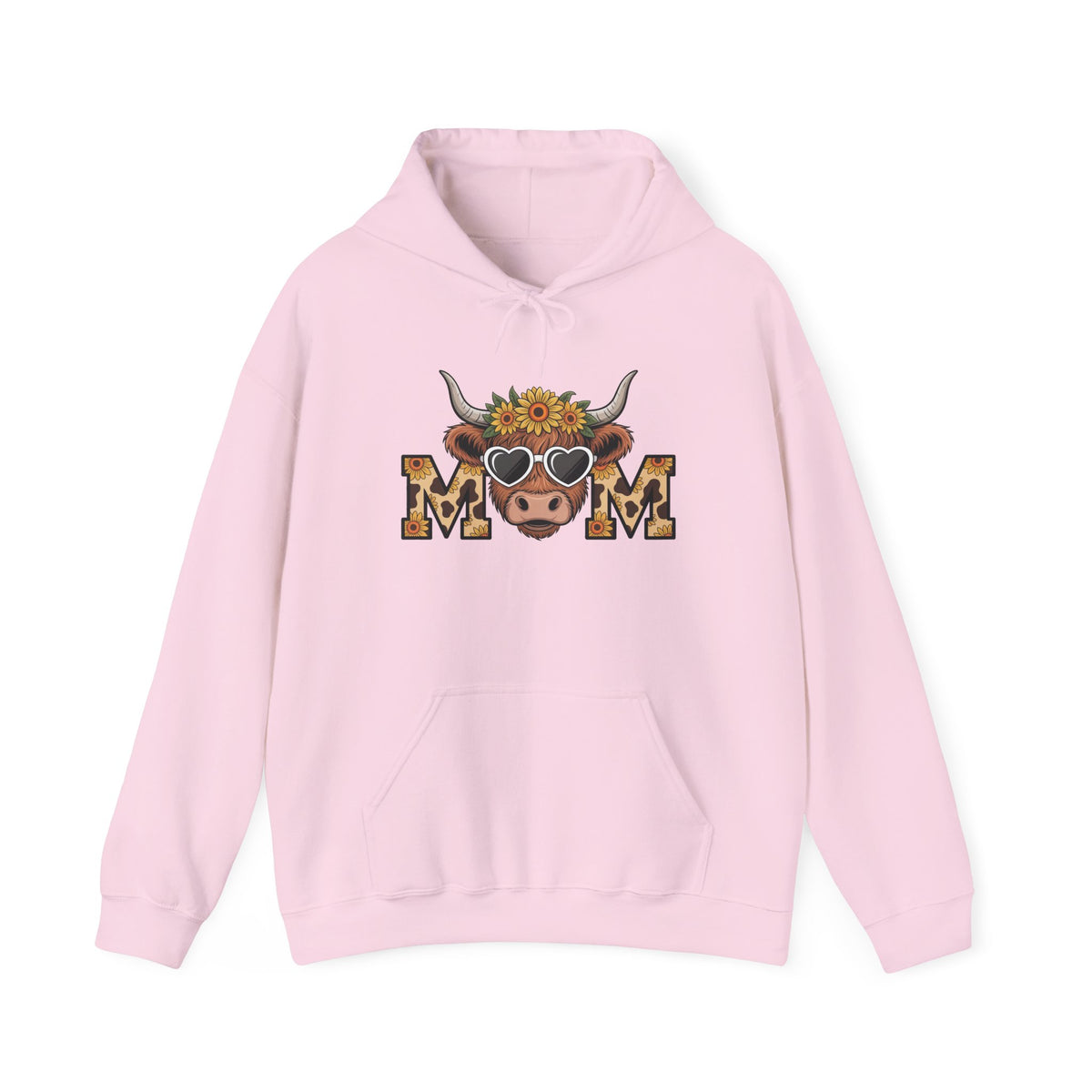 Light Pink Highland Cow Mom hoodie with a sunflower highland cow and leopard print MOM letters, front view