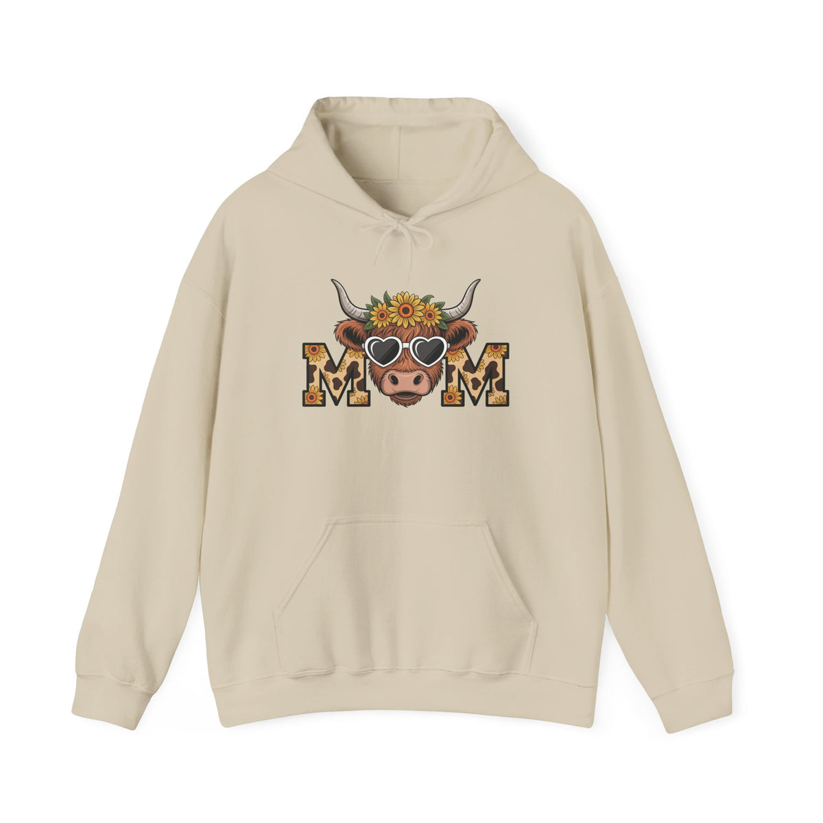 Sand Highland Cow Mom hoodie with a sunflower highland cow and leopard print MOM letters, front view
