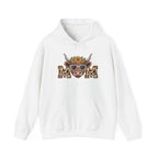 White Highland Cow Mom hoodie with a sunflower highland cow and leopard print MOM letters, front view