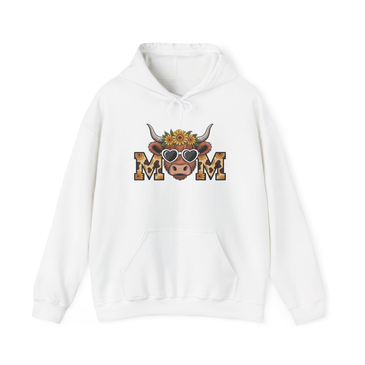 White Highland Cow Mom hoodie with a sunflower highland cow and leopard print MOM letters, front view