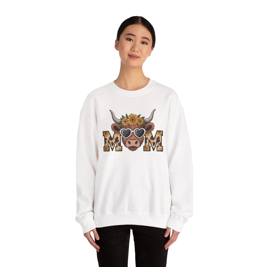 Woman wearing the White Highland Cow Mom Sunflower Leopard Sweatshirt