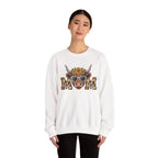 Woman wearing the White Highland Cow Mom Sunflower Leopard Sweatshirt