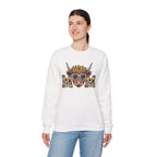 Woman wearing the White Highland Cow Mom Sunflower Leopard Sweatshirt