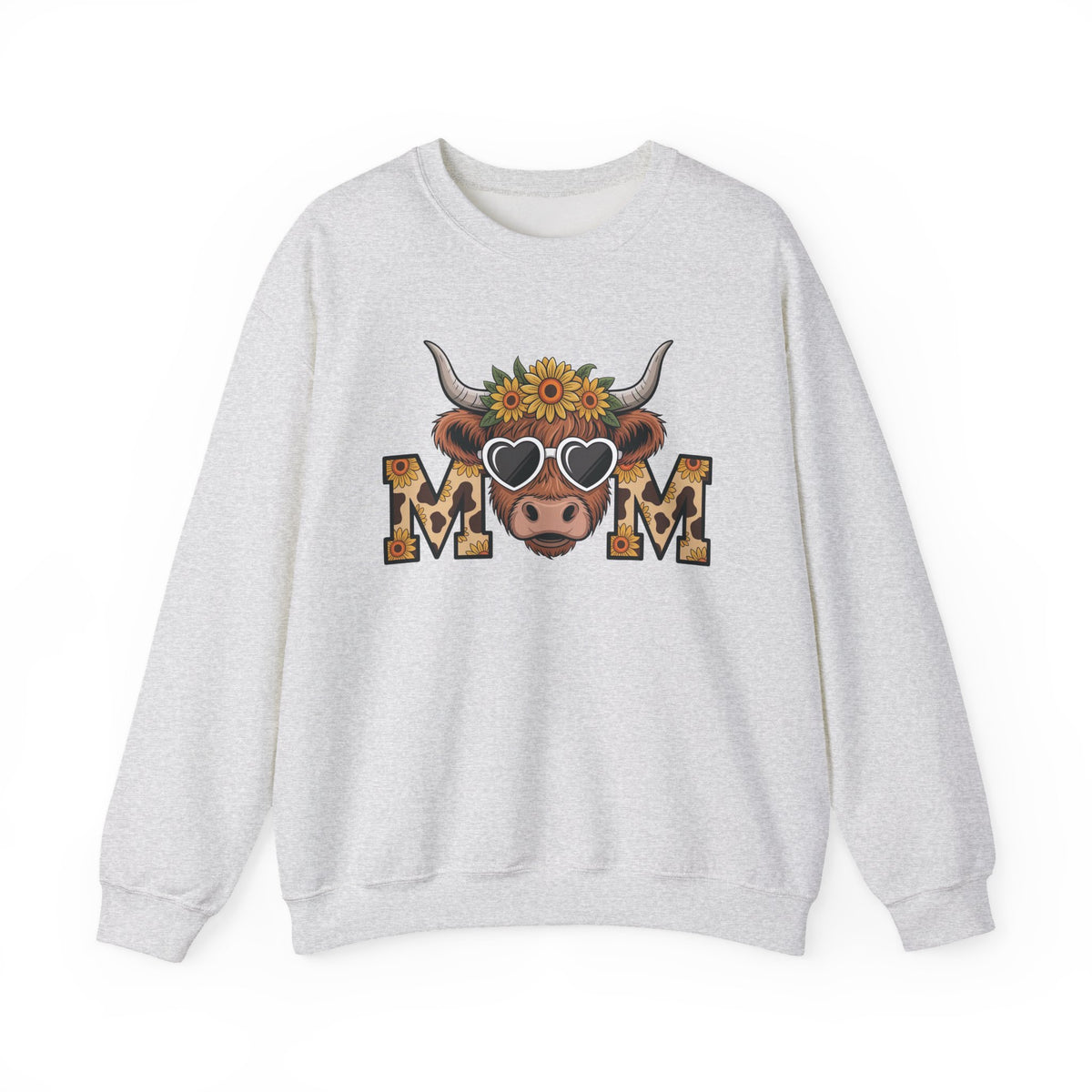 Ash Highland Cow Mom sweatshirt with a sunflower highland cow and leopard print MOM letters, front view