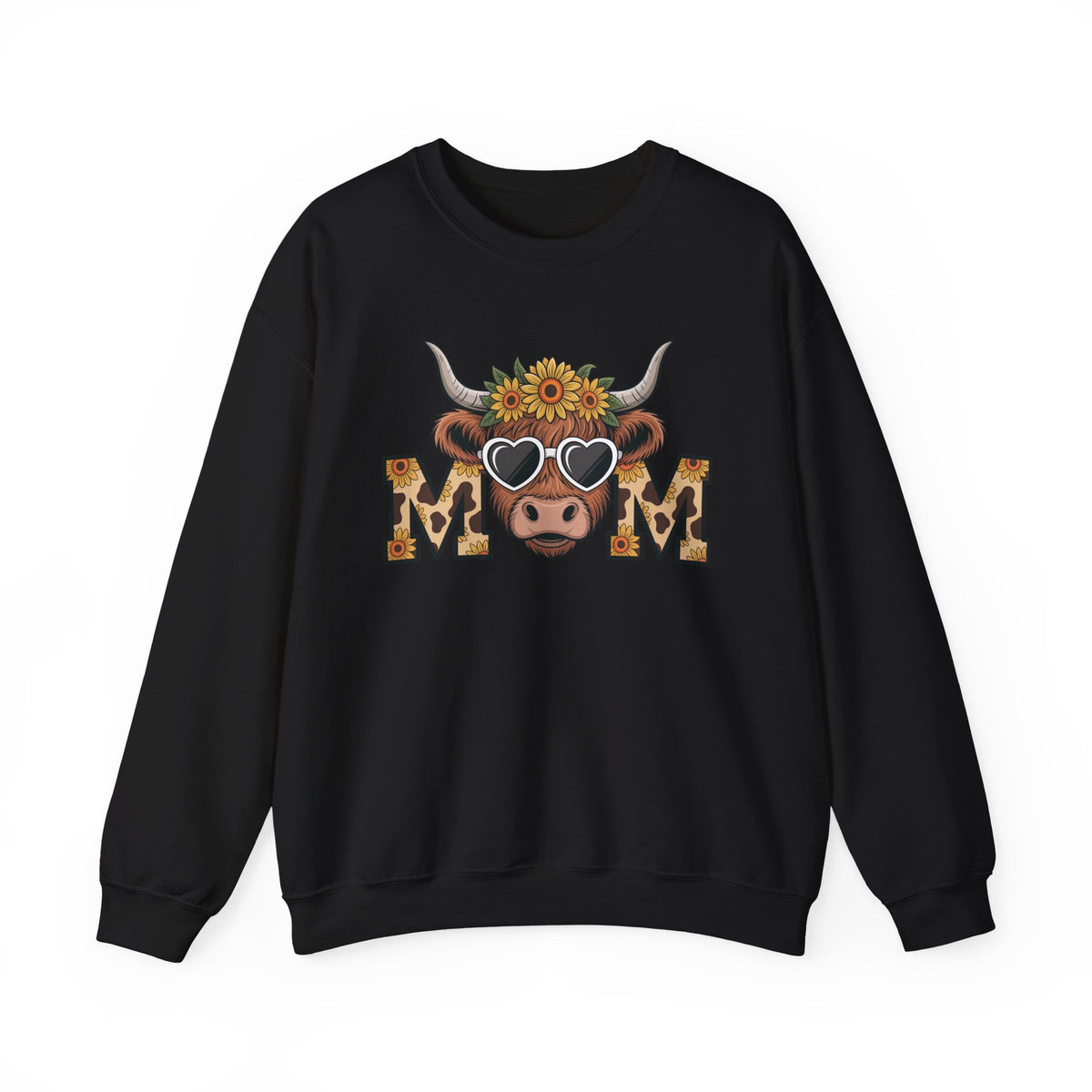 Black Highland Cow Mom sweatshirt with a sunflower highland cow and leopard print MOM letters, front view