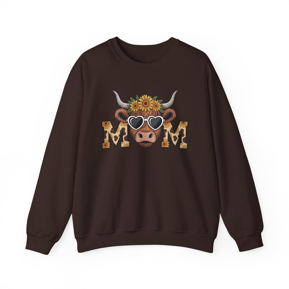 Dark Chocolate Highland Cow Mom sweatshirt with a sunflower highland cow and leopard print MOM letters, front view