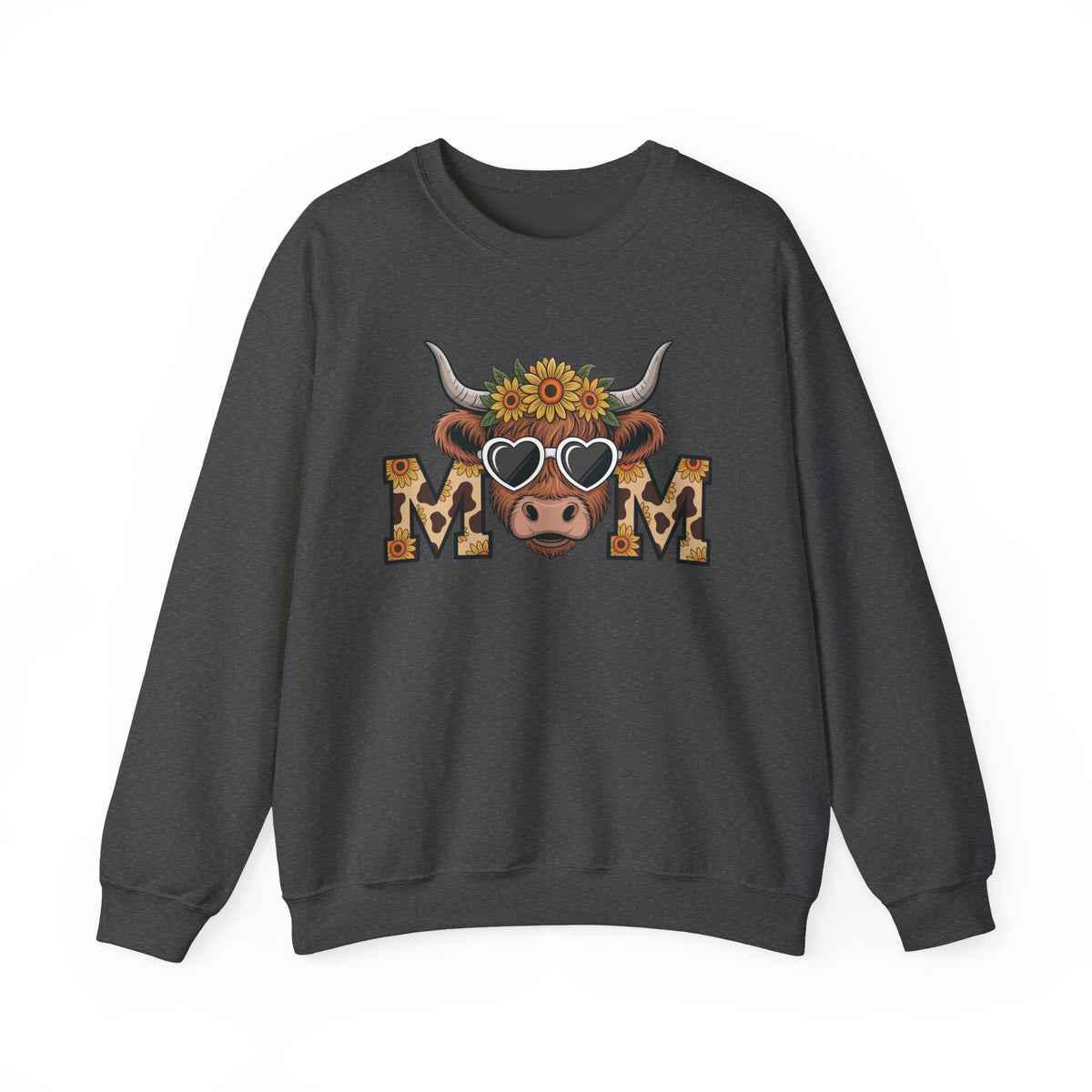 Dark Heather Highland Cow Mom sweatshirt with a sunflower highland cow and leopard print MOM letters, front view