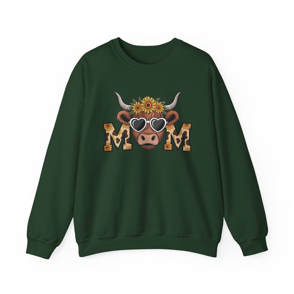 Forest Green Highland Cow Mom sweatshirt with a sunflower highland cow and leopard print MOM letters, front view