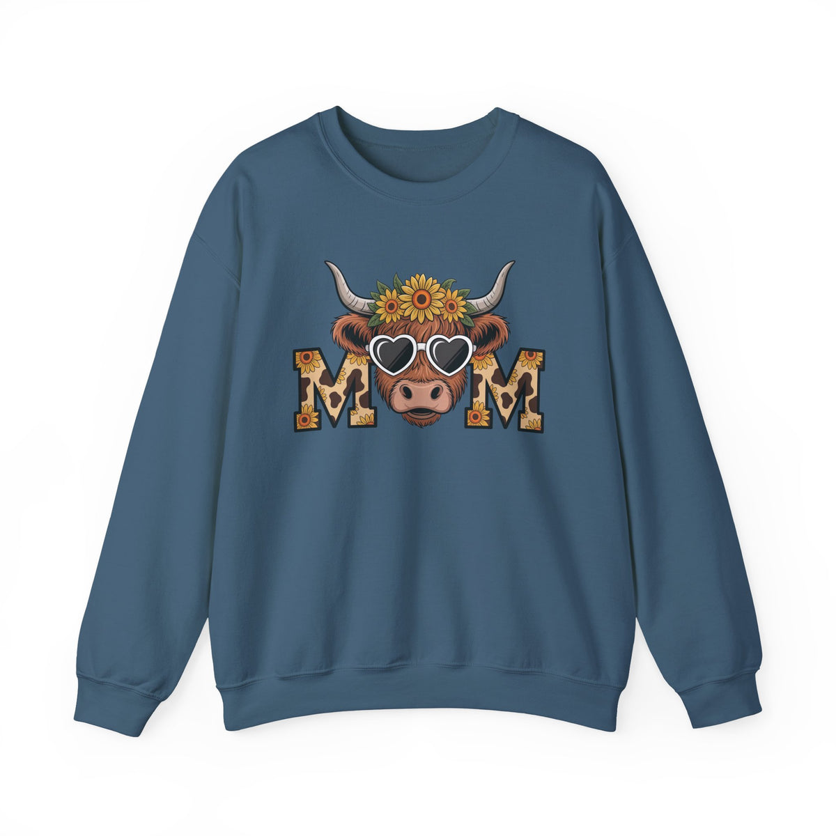 Indigo Blue Highland Cow Mom sweatshirt with a sunflower highland cow and leopard print MOM letters, front view