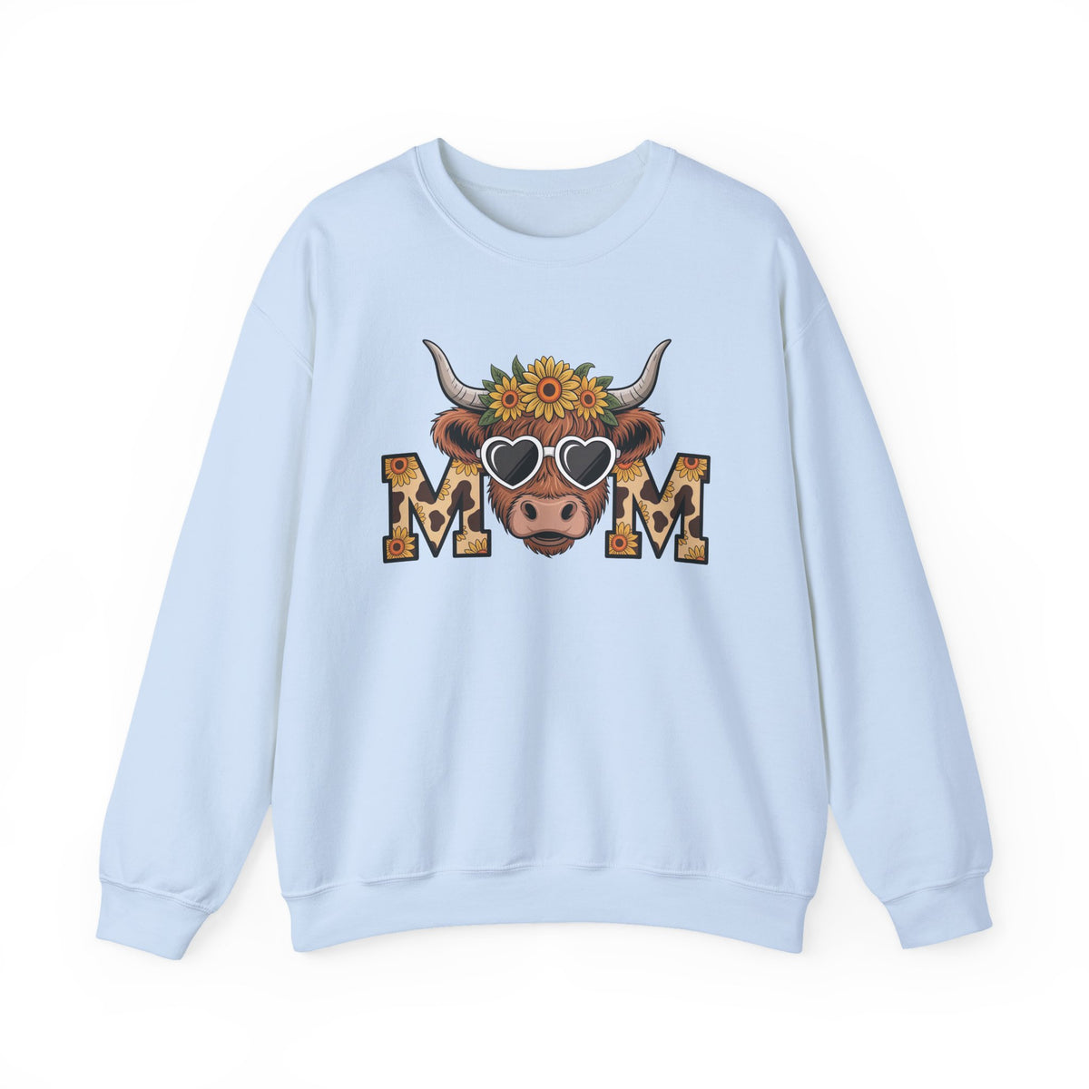 Light Blue Highland Cow Mom sweatshirt with a sunflower highland cow and leopard print MOM letters, front view