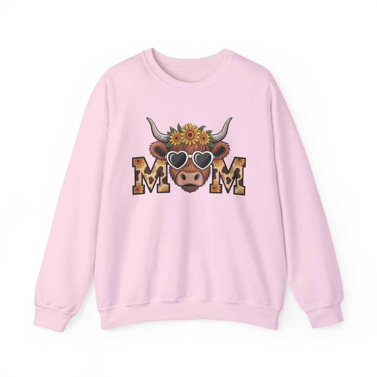 Light Pink Highland Cow Mom sweatshirt with a sunflower highland cow and leopard print MOM letters, front view