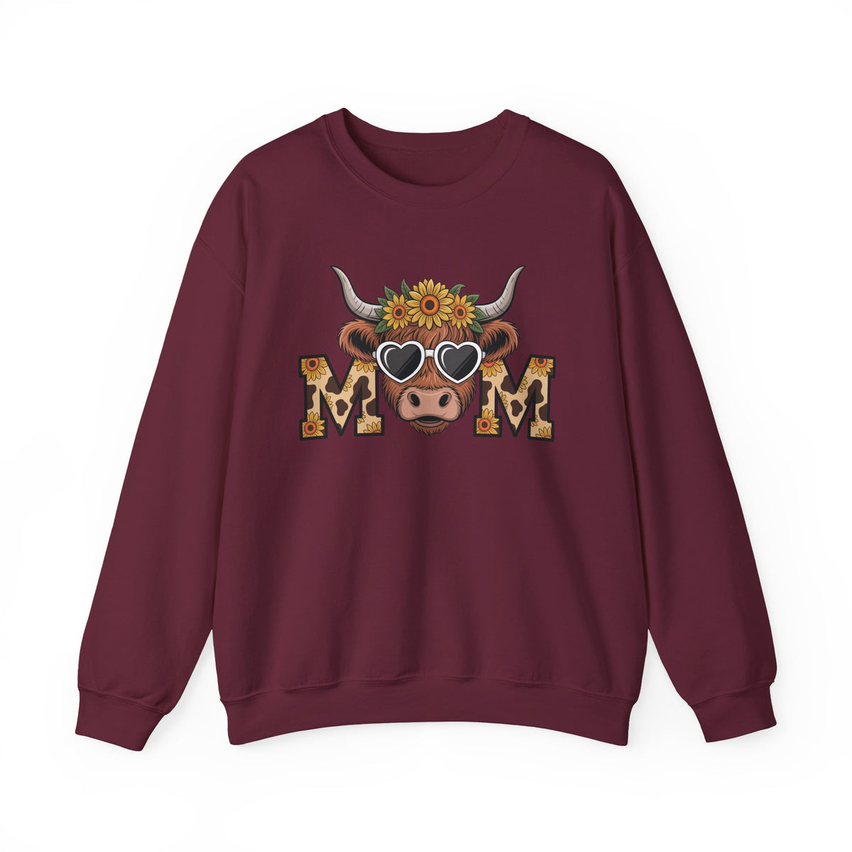 Maroon Highland Cow Mom sweatshirt with a sunflower highland cow and leopard print MOM letters, front view