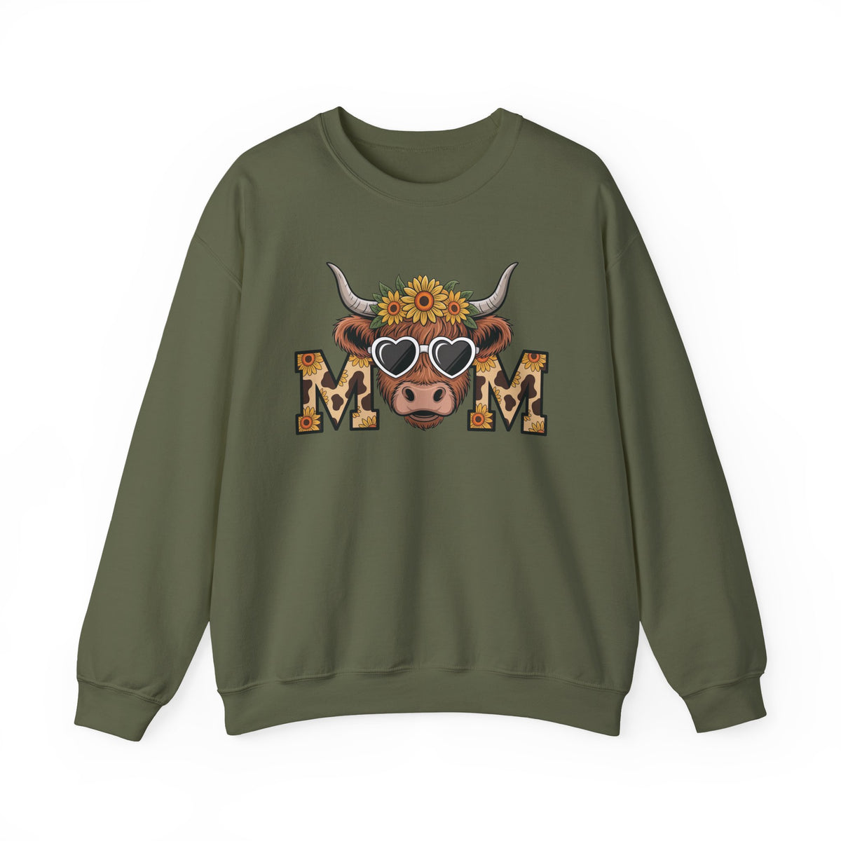 Military Green Highland Cow Mom sweatshirt with a sunflower highland cow and leopard print MOM letters, front view