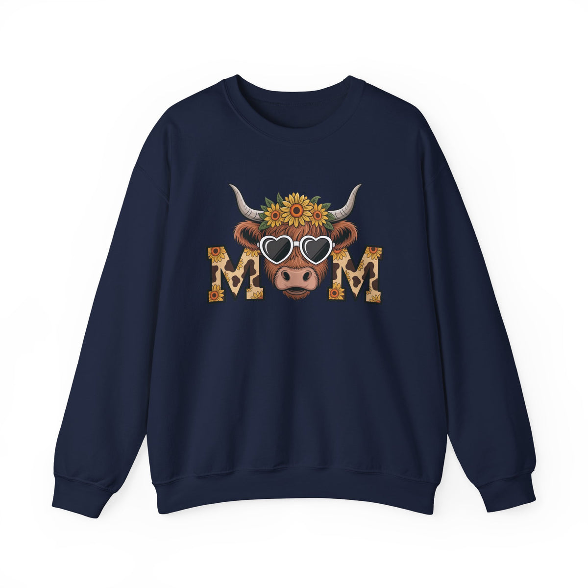 Navy Highland Cow Mom sweatshirt with a sunflower highland cow and leopard print MOM letters, front view