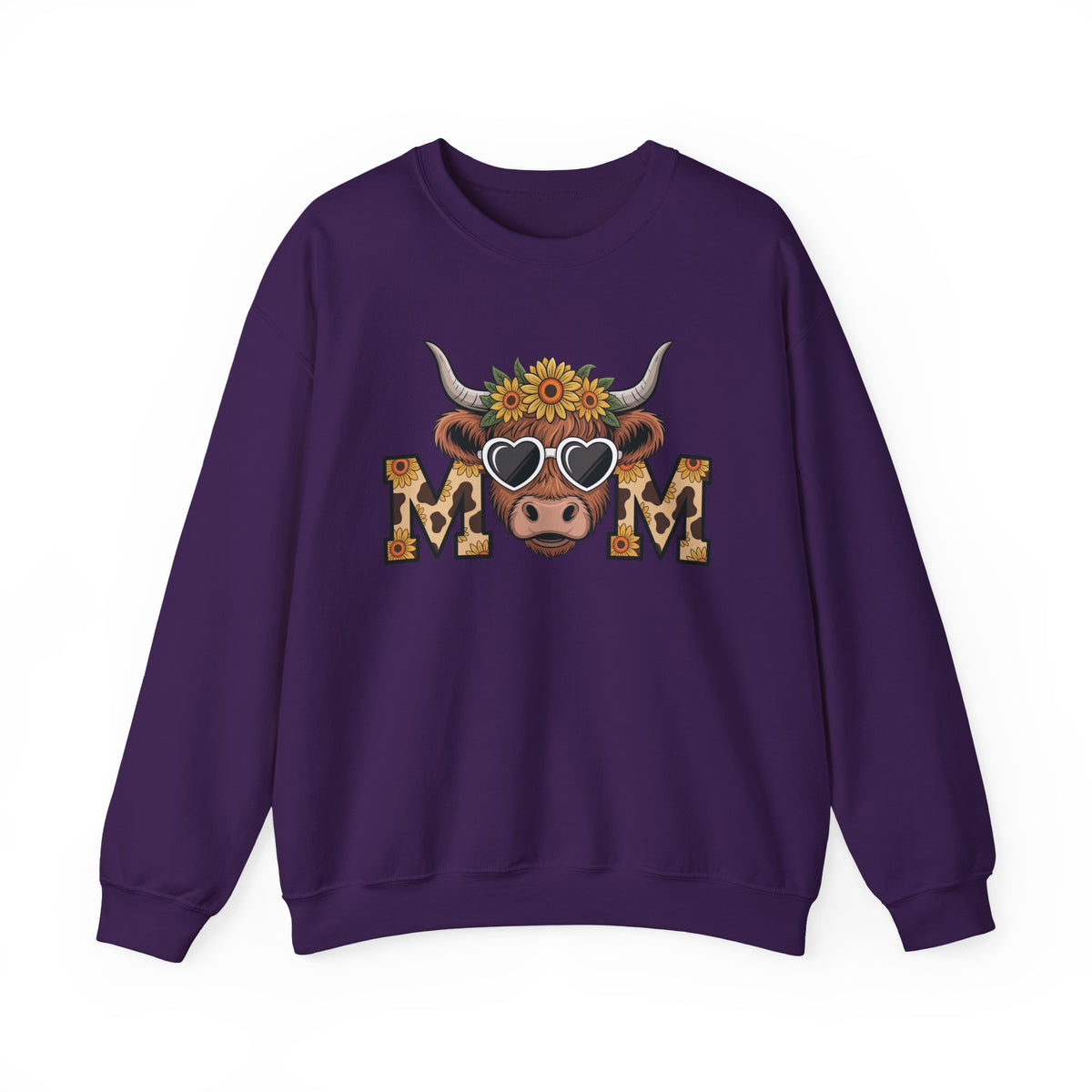 Purple Highland Cow Mom sweatshirt with a sunflower highland cow and leopard print MOM letters, front view